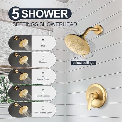 Shower Faucet with Valve, Bathroom Tub Shower Faucet Kit, Single Handle Rain Shower Head with Tub Spout, Solid Brass Shower Tub Faucet Set Complete, Bathtub Faucet with Shower, Brushed Gold - Image 2