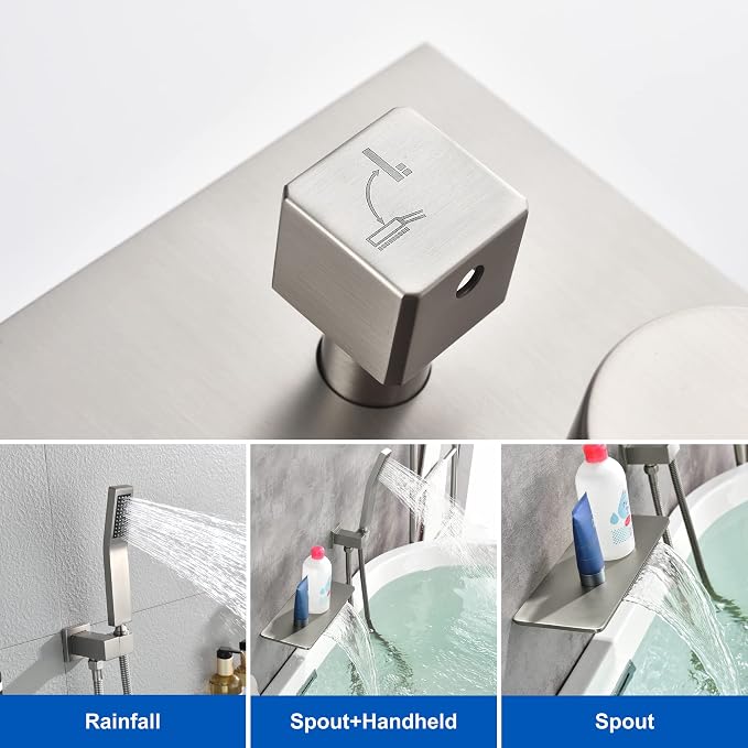 SHAMANDA Waterfall Bathtub Faucet with Sprayer, Wall Mount Tub Filler with Hand Shower, Single Handle Tub Faucet with Handheld ShowerHead(Rough-In Valve Body and Trim Included), Brushed Nickel, L902-2 - Image 5