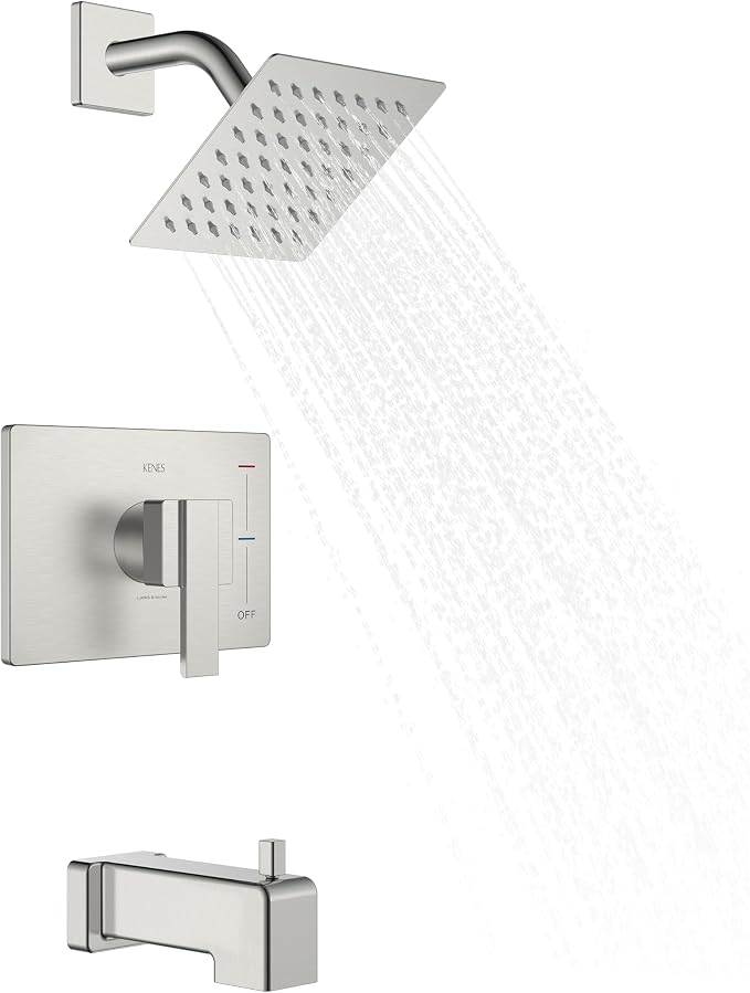 KENES Tub Shower Faucet Set Complete, Brushed Nickel Tub and Shower Trim Kit with 6-Inch Rain Shower Head, Square Shower System, KE-6025A (Shower Valve Included) by KENESBathroomKitchen