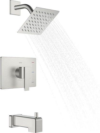 KENES Tub Shower Faucet Set Complete, Brushed Nickel Tub and Shower Trim Kit with 6-Inch Rain Shower Head, Square Shower System, KE-6025A (Shower Valve Included) by KENESBathroomKitchen