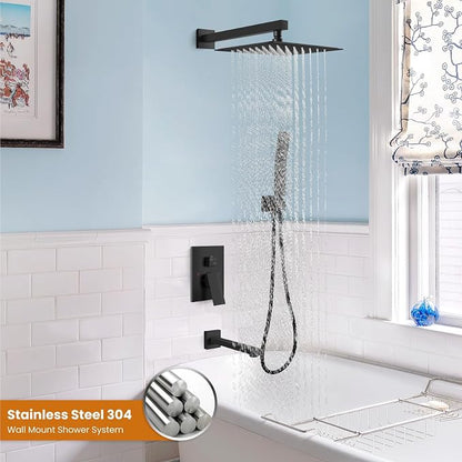 gotonovo Shower System with Tub Spout Wall Mounted Rain Shower Head and Handle Combo Shower Faucet Set with Valve, 12 Inch, Matte Black - Image 2