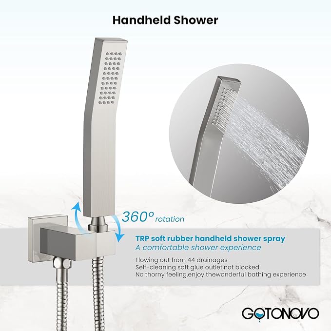 gotonovo Rainfall Tub Shower Faucet Set Bathroom Shower System with Tub Spout Wall Mount Square High Pressure Shower Fixtures with Handheld Sprayer Rough-In Valve 12'' Shower Head,Brushed Nickel - Image 3