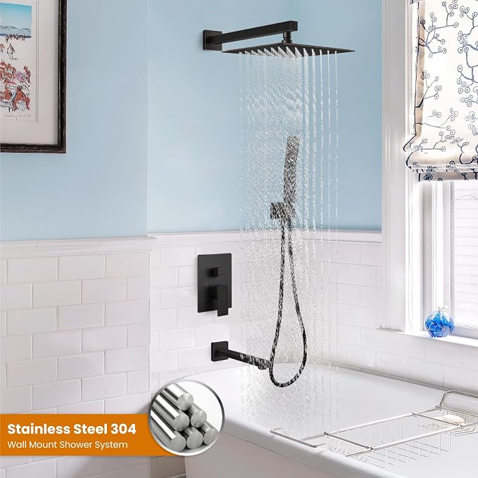 gotonovo Shower System with Tub Spout Wall Mounted Rain Shower Head and Handle Combo Shower Faucet Set with Valve, 12 Inch, Oil Rubbed Bronze - Image 2