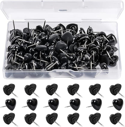 100pcs Push Pins, Plastic Pushpins Black Push Pins Heart Shaped Cute Thumb by Vin+Beauty