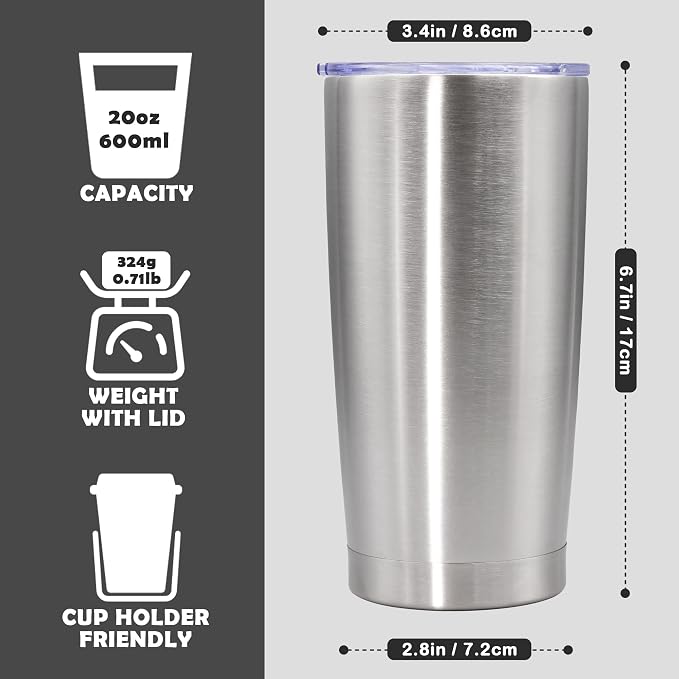 20oz Tumbler Bulk Stainless Steel Tumbler Cup with Lid Vacuum Insulated Double Wall Travel Mug, Durable Powder Coated Travel Coffee Tumbler Mug for Hot & Cold Drinks, Stainless Steel,12 Pack - Image 4