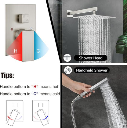 Midanya Shower Faucet Set,Wall Mount Shower System with Square Rain Shower Head and Hand Sprayer, Rough-in Valve Body and Trim Kit Included,12 Inch,Brushed Nickel - Image 4