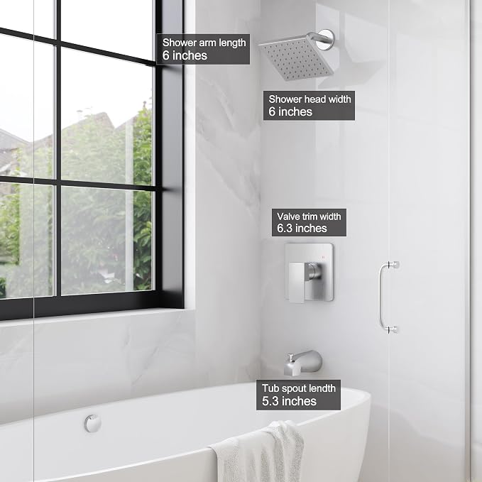 Esnbia Shower Tub Kit, Tub and Shower Faucet Set（Valve Included) with 6-Inch Rain Shower Head and Tub Spout, Single-Handle Tub and Shower Trim Kit,Brushed Nickel - Image 3