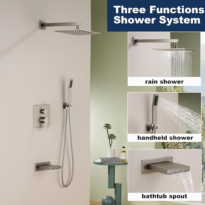 Shower System with Tub Spout, All Metal Bathtub Shower Faucet Set with High Pressure 10 Inch Rain Shower Head and Handheld Shower Head Set, Brushed Nickel (Valve Include) - Image 3