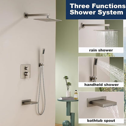 Shower System with Tub Spout, All Metal Bathtub Shower Faucet Set with High Pressure 10 Inch Rain Shower Head and Handheld Shower Head Set, Brushed Nickel (Valve Include) - Image 3