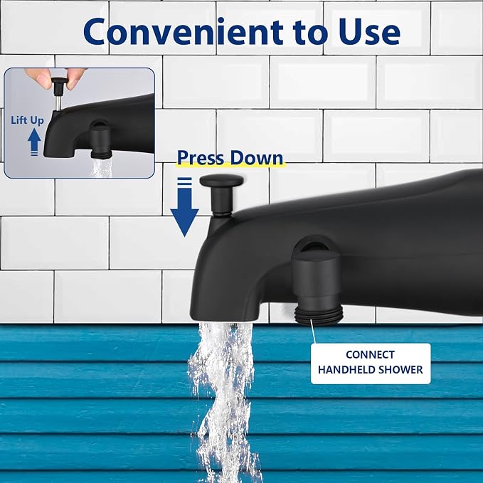 All Metal Tub Spout with Diverter Matte Black, Fits Threaded 1/2" or 3/4" IPS, Tub Faucet with Shower Diverter - Image 4