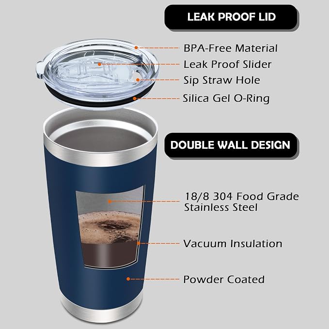 AIANJI 20oz Tumbler Bulk Stainless Steel Tumblers with Lid Vacuum Insulated Double Wall Travel Coffee Mug Powder Coated Tumbler Cup for Hot and Cold Drinks(Navy Blue, 1 pack) - Image 3