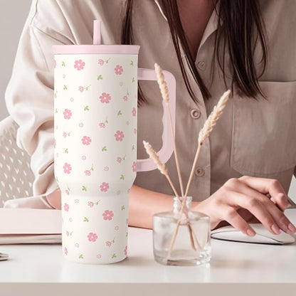 Floral 40oz Tumbler with Handle and Straw – Flowers Insulated Stainless Steel Travel Coffee Mug for Women Girls - Gift Idea for Birthday Christmas Mothers Day - Image 8
