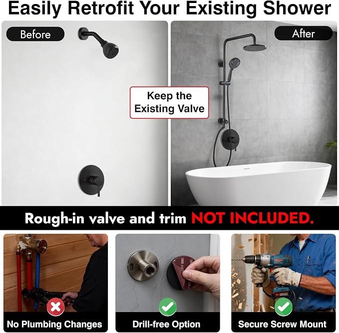 Midanya Retrofit Rain Shower System Wall Mount 8 Inch Rainfall Shower Head with 5-setting Handheld Spray Combo with Slide Bar,Matte Black - Image 5