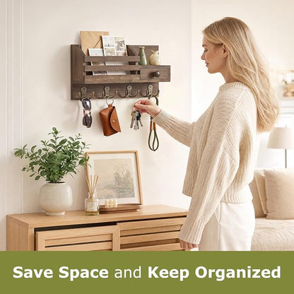 Key Holder Wall Mount, Wooden Adhesive Mail and Key Organizer - Image 2