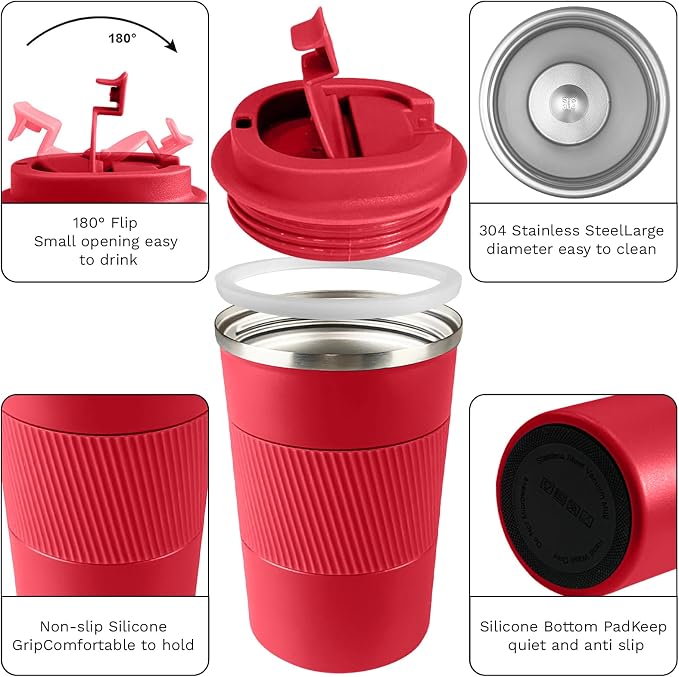 YINBAOGE Insulated Travel Coffee Mug, Spill & Leak Proof, Portable To Go Camping Stainless Steel Coffee Tumbler, Reusable Thermal Coffee Cup with Lid for Hot & Cold Drinks (Red, 17 OZ) - Image 2