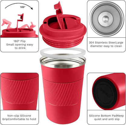 YINBAOGE Insulated Travel Coffee Mug, Spill & Leak Proof, Portable To Go Camping Stainless Steel Coffee Tumbler, Reusable Thermal Coffee Cup with Lid for Hot & Cold Drinks (Red, 17 OZ) - Image 2