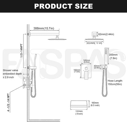 Shower System with Tub Spout, 12-Inch High-Pressure Rain Showerhead and Handheld Combo, Matte Black Shower Faucet Set with Rough-in Valve and Trim, Wall Mounted 3-Way Shower Set - Image 6