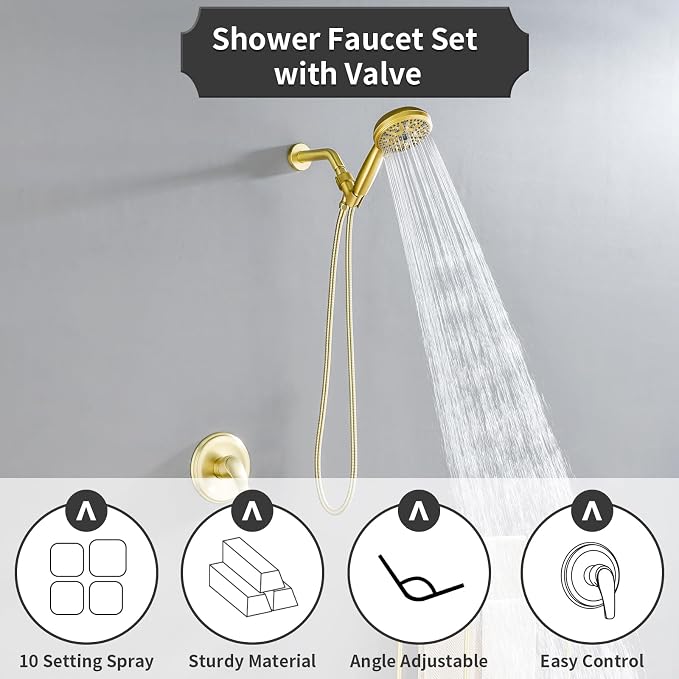 Single-Handle Shower Faucet Set Shower Kit with Valve Shower Trim Kit with 10 Spray Handheld Shower Head System Shower Valve and Trim Kit Brushed Gold Shower Fixtures - Image 6