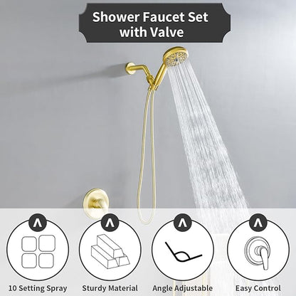 Single-Handle Shower Faucet Set Shower Kit with Valve Shower Trim Kit with 10 Spray Handheld Shower Head System Shower Valve and Trim Kit Brushed Gold Shower Fixtures - Image 6