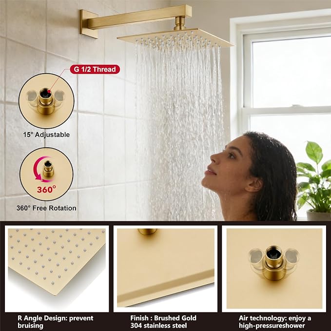Midanya Shower System with Tub Spout,Bathtub Shower Faucet Set with Square Rainfall Head and Handheld Sprayer Wall Mount Tub Faucet Set with Valve and Trim Kit,12 Inch Brushed Gold - Image 8