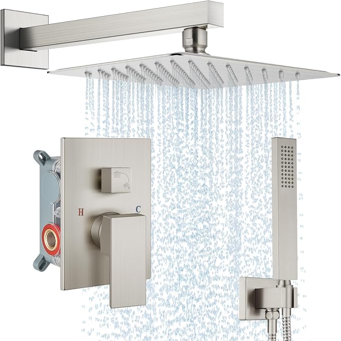 Midanya Shower Faucet Set,Wall Mount Shower System with Square Rain Shower Head and Hand Sprayer, Rough-in Valve Body and Trim Kit Included,12 Inch,Brushed Nickel by Midanya