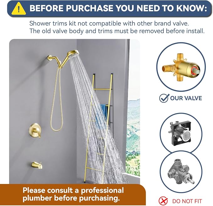 Brushed Gold Shower Faucet Set with Tub Spout Tub and Shower Faucet Set Complete with Handheld Shower Head Shower Combo Set Shower System with Tub Spout Tub and Shower Trim Kit - Image 2