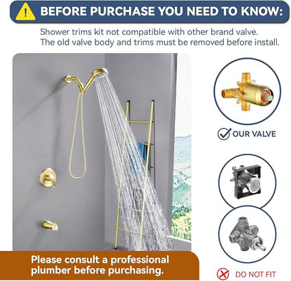 Brushed Gold Shower Faucet Set with Tub Spout Tub and Shower Faucet Set Complete with Handheld Shower Head Shower Combo Set Shower System with Tub Spout Tub and Shower Trim Kit - Image 2