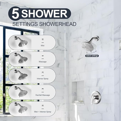 Shower Faucet with Valve, Brushed Nickel Bathroom Tub Shower Faucet Kit, Single Handle Rain Shower Head with Tub Spout, Solid Brass Shower Tub Faucet Set Complete, Bathtub Faucet with Shower - Image 3