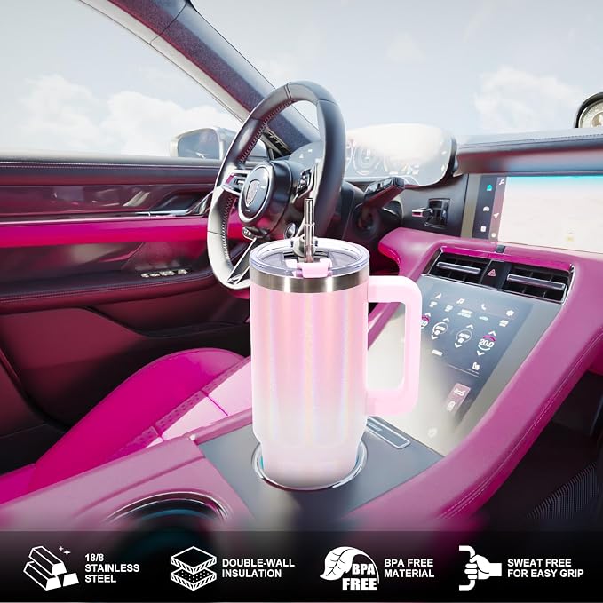 40 oz Shiny Tumbler with Handle and Straw,Stainless Steel Tumbler with Lid and Straw,Insulated Travel Mug(Cold for 34 Hours),Water Bottle for Iced Tea,Coffee (Pink) - Image 5