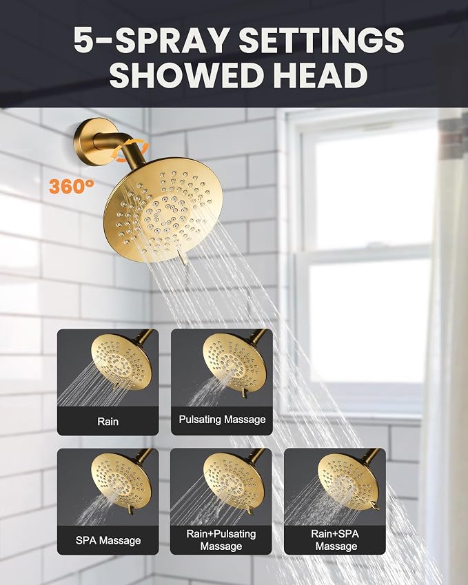 Shower Faucet Set Brushed Gold: Single Handle Bathtub Trim Kit with 6 Inch Rain Shower Head and Tub Spout, High Pressure Faucet Set for Bathtub (Brass Valve Included) - Image 3