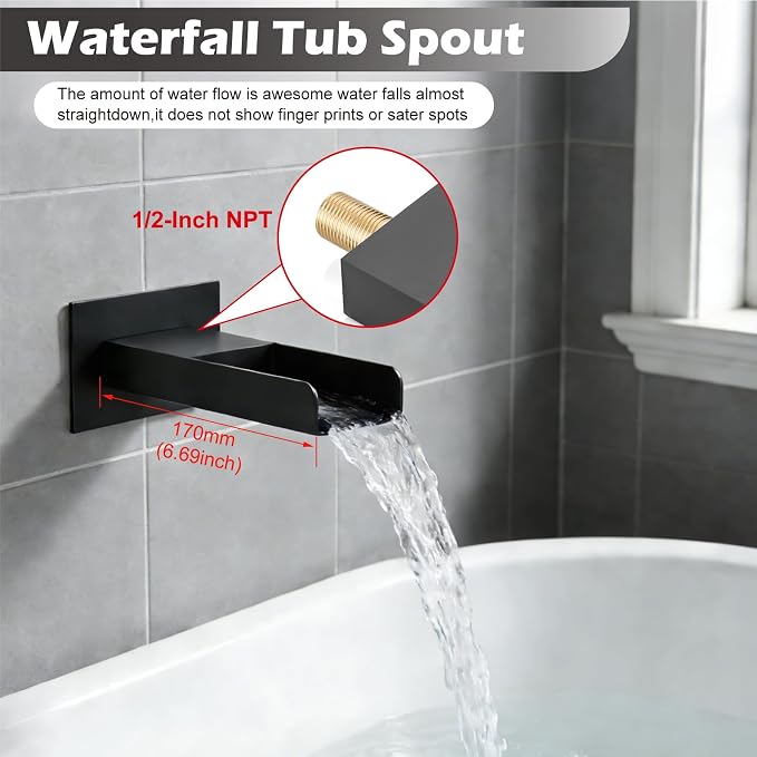 Midanya Rain Shower System Tub Shower Faucet Set Square Rainfall Waterfall Shower Head with Handheld Sprayer Tub Spout Combo Wall Mounted bathtub faucet set Rough-in Valve, 10 Inch Matte Black - Image 3
