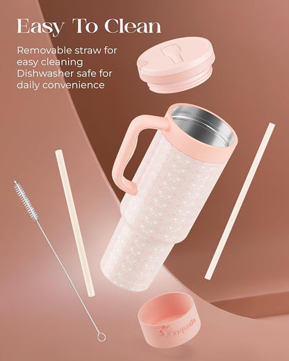 40 oz Insulated Tumbler with Handle and Push-Button Straw Lid, Stainless Steel Travel Cup for Gym Office, Leakproof, BPA-Free, Cup Holder Friendly, Bow Silicone Boot, Cream (Coquette Peachy) - Image 6