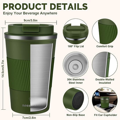 MOMSIV 12oz Travel Mug, Insulated Coffee Cup with Leakproof Lid, Vacuum Stainless Steel Double Walled Reusable Tumbler for Hot and Cold Water Coffee and Tea In Travel and Car Armygreen 380ML - Image 2