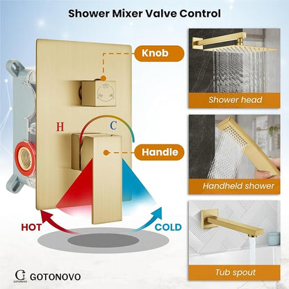 gotonovo Shower System with Tub Spout Wall Mounted Rain Shower Head and Handle Combo Shower Faucet Set with Valve, 10 Inch, Brushed Gold - Image 3
