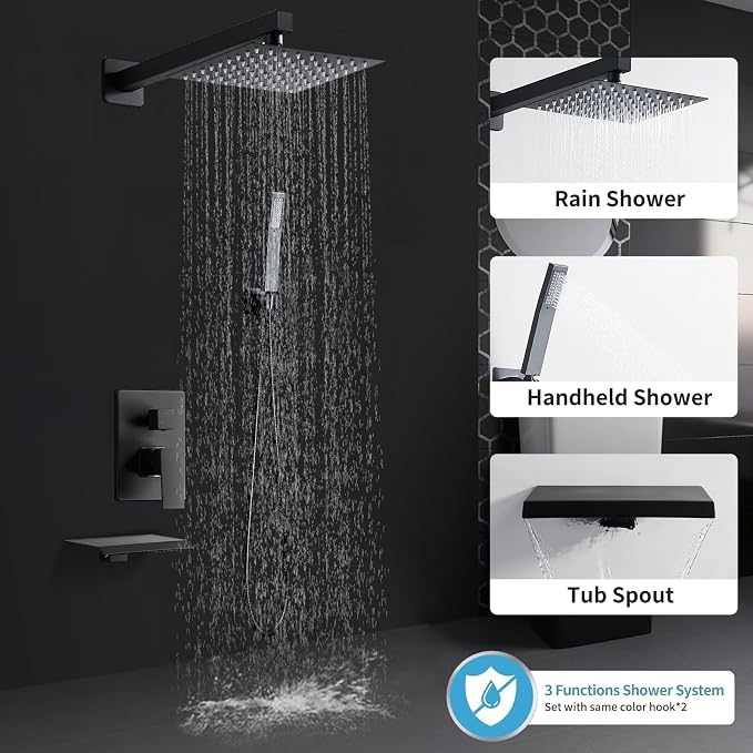 Matte Black Shower Faucet Set with Tub Spout 10 Inch, Shower Head and Handle with 2 Hooks, Tub and Shower Faucet Combo, Rain Shower and Handheld Shower System Square Wall Mount for Bathroom - Image 5
