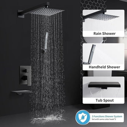 Matte Black Shower Faucet Set with Tub Spout 10 Inch, Shower Head and Handle with 2 Hooks, Tub and Shower Faucet Combo, Rain Shower and Handheld Shower System Square Wall Mount for Bathroom - Image 5