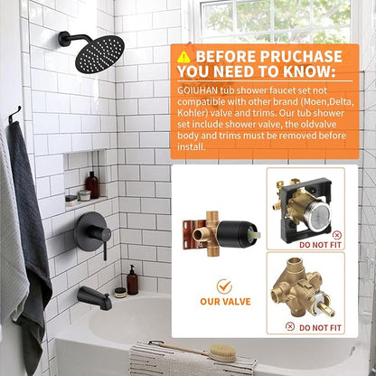 Black Tub Shower Faucet Set Complete with 6-Inch Rainfall Shower Head and Tub Spout Included Shower Valve Tub Shower Trim Kit Round Matte Black - Image 3