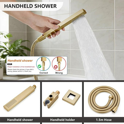Midanya Shower System with Tub Spout,Bathtub Shower Faucet Set with Square Rainfall Head and Handheld Sprayer Wall Mount Tub Faucet Set with Valve and Trim Kit,12 Inch Brushed Gold - Image 7