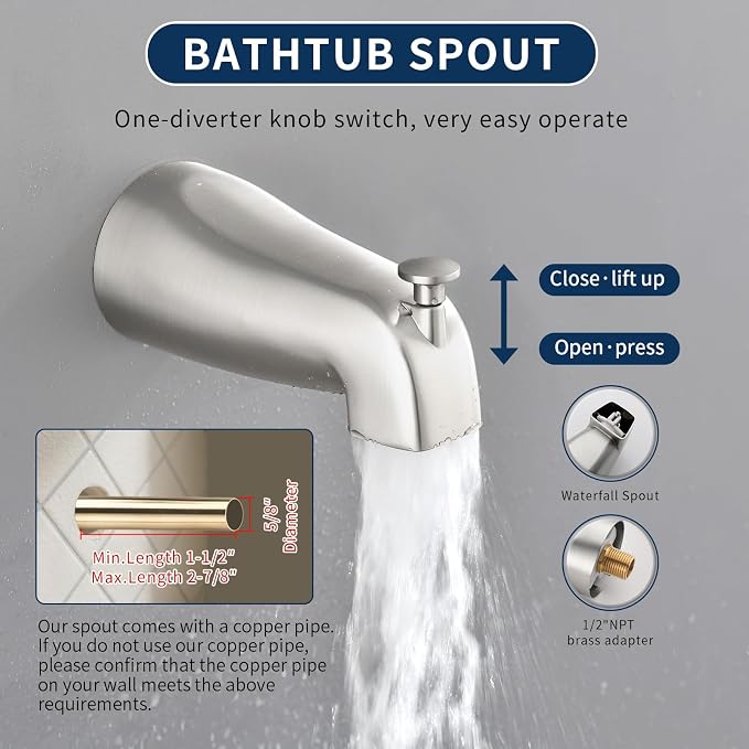 Shower Valve Trim Kit with Tub Spout Brushed Nickel Tub Shower Rough-In Mixer Valve Bathroom Trim Kit - Image 3