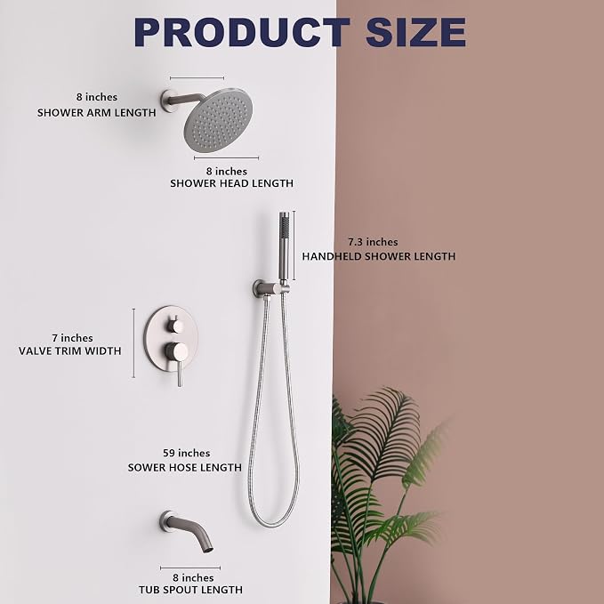 Shower System with Tub Spout, Bathtub Shower Faucet Set, 8" Rain Shower Head and Handheld Spray Combo, Round Shower Head and Handle Set with Tub Spout (Valve Included), Brushed Nickel - Image 3