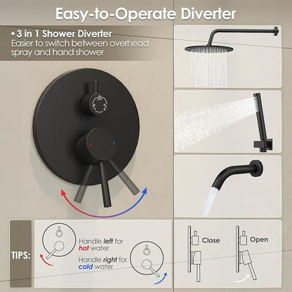 Gabrylly Black Shower System with Tub Spout, Bathtub Shower Faucets Set with 3-Way Shower Valve, High Pressure 10" Rain Shower head with Handheld Spray Combo, Wall Mounted Tub Shower Kit, Matte Black - Image 6
