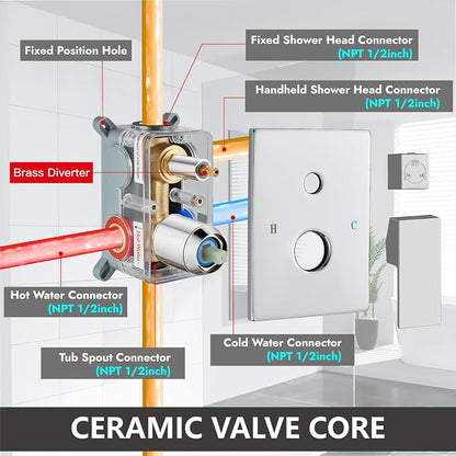 Midanya Shower System with Tub Spout,Bathtub Shower Faucet Set with Square Rainfall Head and Handheld Sprayer Wall Mount Tub Faucet Set with Valve and Trim Kit,10 Inch Polish Chrome - Image 6