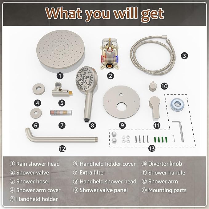 Iriber Brushed Nickel Round Rain Shower System Faucet Set，Bathroom Filtered Shower Head with Handheld, 9 Spray Mode Showerhead with Filters,Shower Valve Trim Kit Contain Cartridge,10 Inch - Image 9