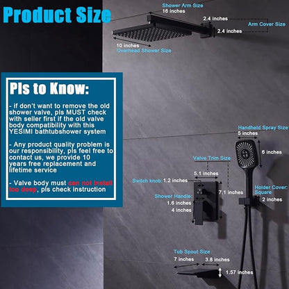 Shower System with Tub Spout 10 Inch Overhead Shower 4 Setting Handheld Spray Rough In Pressure Balance Valve Body with Trim Kit Wall Mounted Rainfall Bathtub Shower Faucet Set (Matte Black) - Image 2