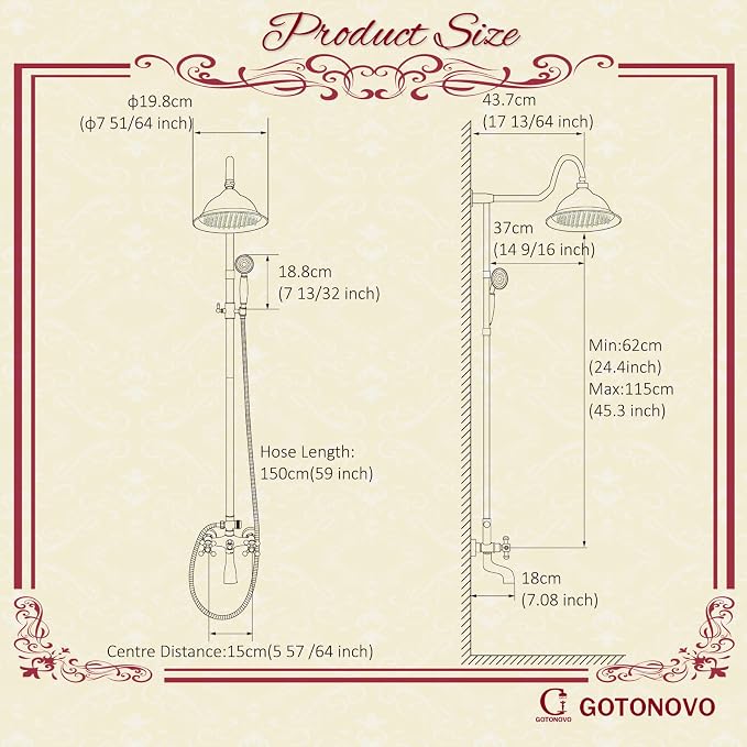 gotonovo Shower Fixture Faucet Set Complete Antique Brass Exposed Pipe Shower System 8 Rain Shower 2 Double Knobs Handle Triple Function Tub Spout Shower Combo Unit Set - Image 5