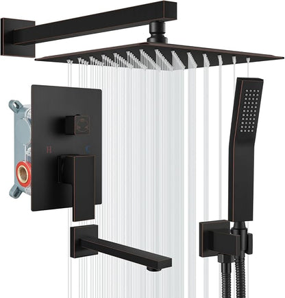 gotonovo Shower System with Tub Spout Wall Mounted Rain Shower Head and Handle Combo Shower Faucet Set with Valve, 12 Inch, Oil Rubbed Bronze by HOME