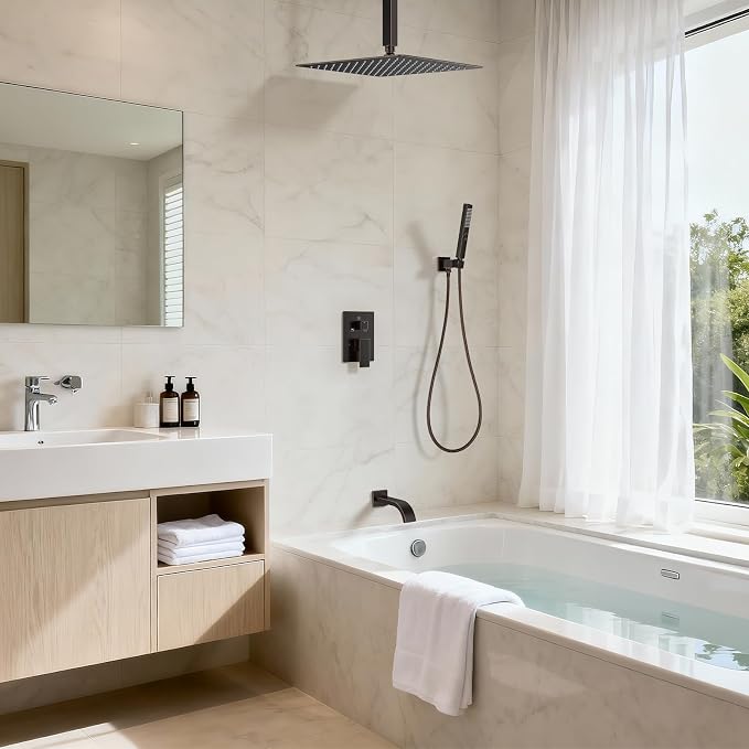 Oil Rubbed Bronze Shower System with Tub Spout, Ceiling Mounted Bathtub Shower Faucet Set, 12" Rainfall Shower Head and Handheld Shower Combo, High Pressure Shower Fixtures Set with Rough-in Valve - Image 2