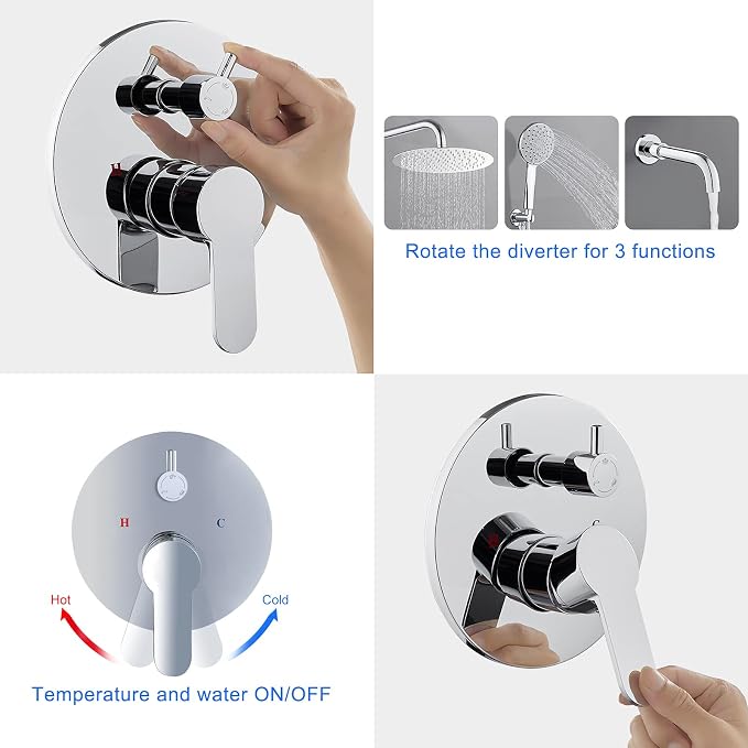 ROVOGO Bathtub Shower Faucet Set with Valve, Shower System with Tub Spout, 10-in. Rain Shower and Handheld, Round Shower Fixtures Wall Mount, Chrome - Image 4