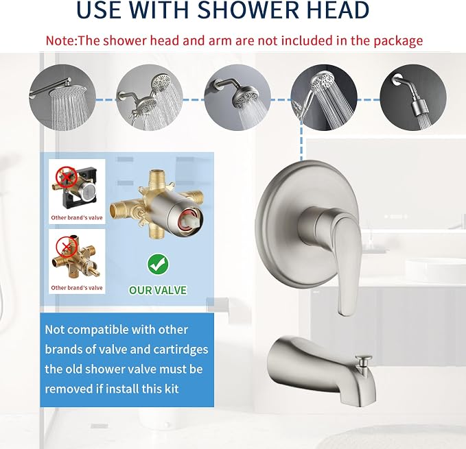 Shower Valve Trim Kit with Tub Spout Brushed Nickel Tub Shower Rough-In Mixer Valve Bathroom Trim Kit - Image 2