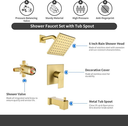 Brushed Gold Shower Faucet Set with Tub Spout, 6 Inch Rain Shower Head and Tub Spout, Shower Fixtures with Tub Spout, Tub and Shower Trim Kit - Image 2